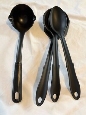 Set of 4 Utensils Black Plastic Slotted Serving Spoons, Ladle Heat Resistant USA
